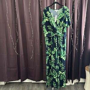 Gilli Navy Maxi Dress with Green Leaf Print
